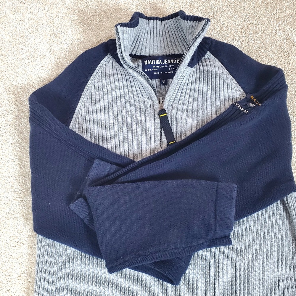 Nautica Jeans Co Boys Pullover‎ Sweater 1/4 Zip Navy & Gray Size Small
